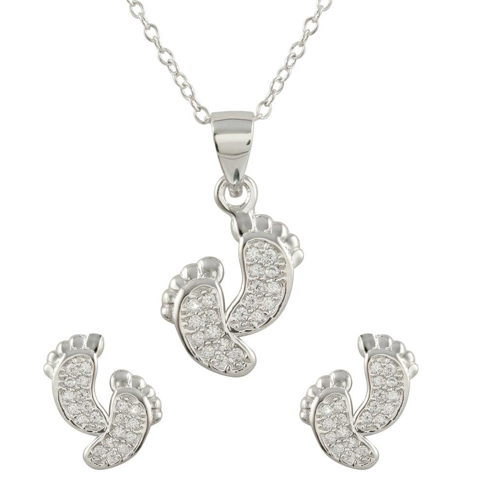 Rhodium Plated 925 Sterling Silver Feet Earrings and Necklace Set - STS00516