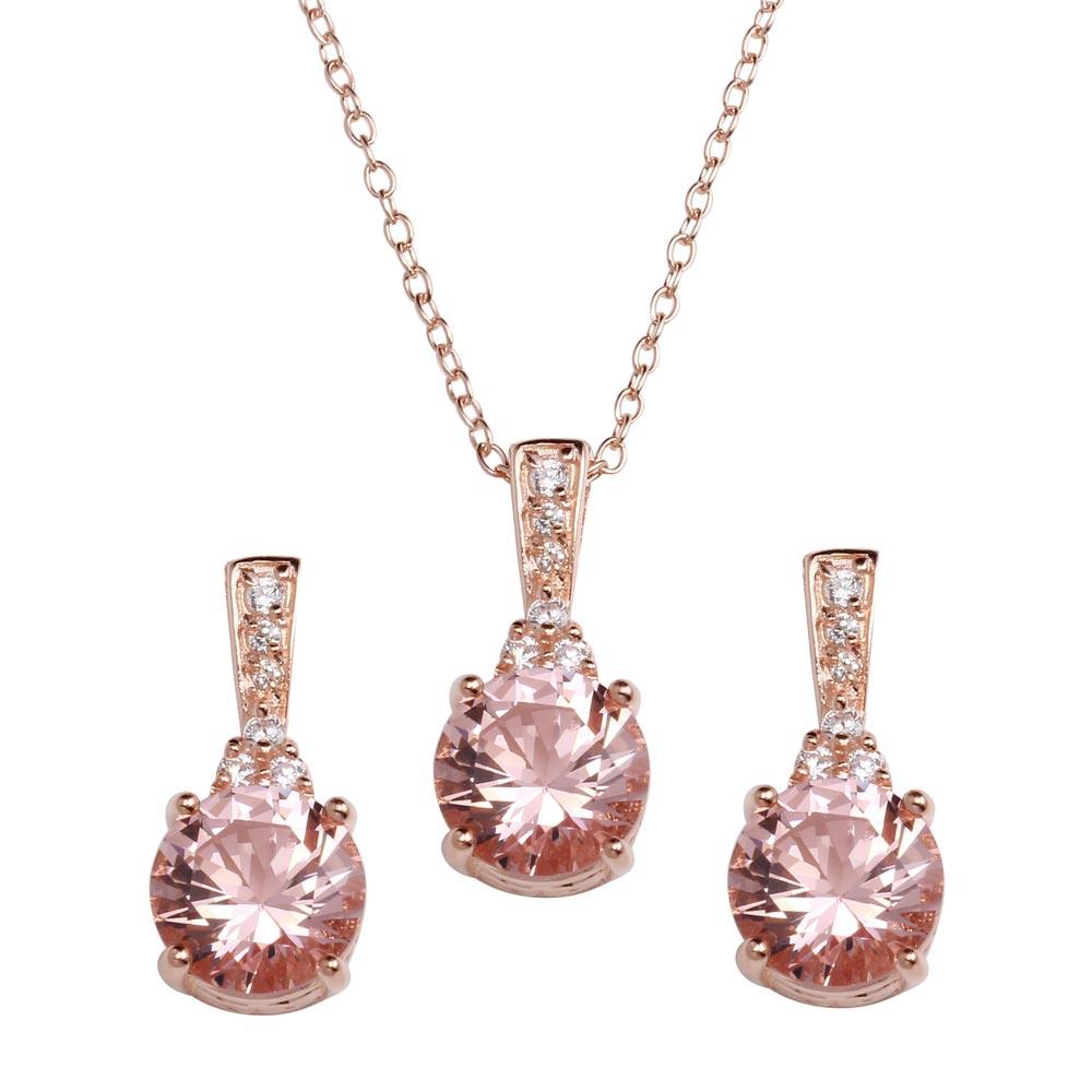 Rose Gold Plated 925 Sterling Silver Pink CZ Necklace and Earrings - STS00517RGP