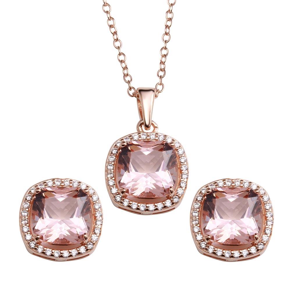 Rose Gold Plated 925 Sterling Silver Rounded Square Pink CZ Pendant Necklace and Earrings Set - STS00518RGP