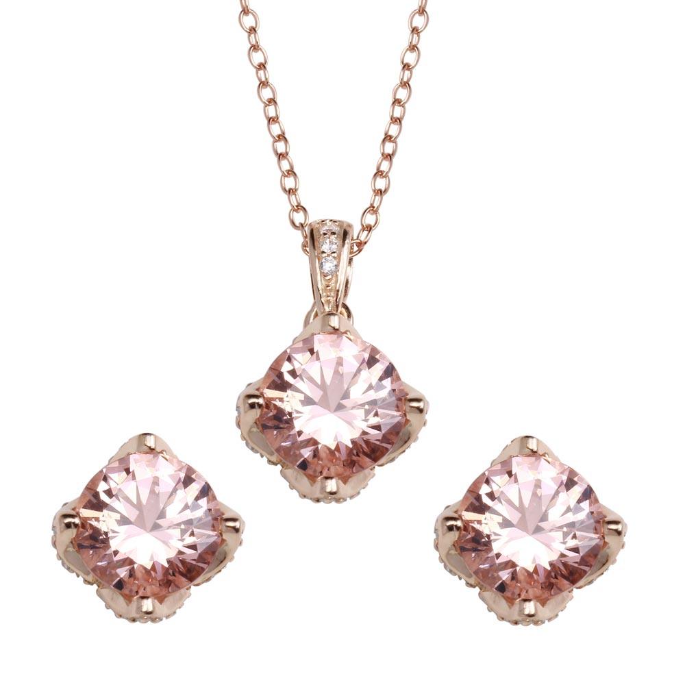 Rose Gold Plated 925 Sterling Silver Pink CZ Stud Earrings and Pendant Necklace Set - STS00519RGP