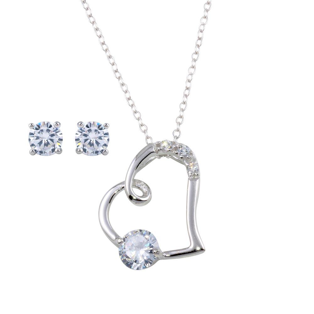 Rhodium Plated 925 Sterling Silver Side way CZ Open Heart Set - STS00524