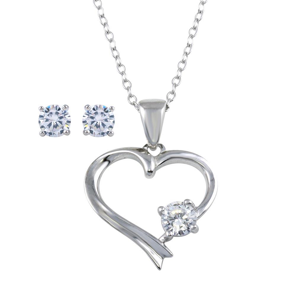 Rhodium Plated 925 Sterling Silver Single CZ Open Heart Set - STS00525