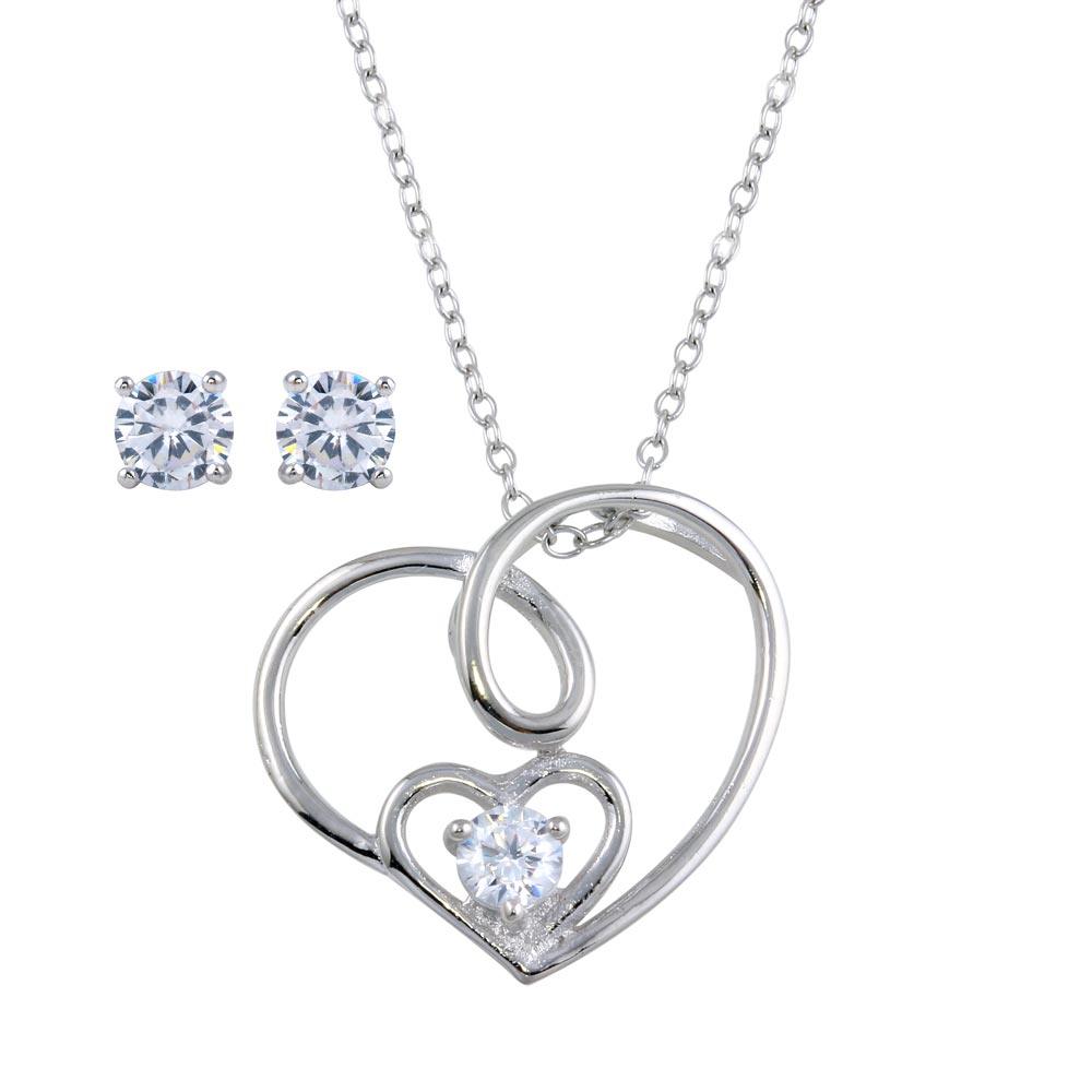 Rhodium Plated 925 Sterling Silver Side Way CZ Open Double Heart Set - STS00526