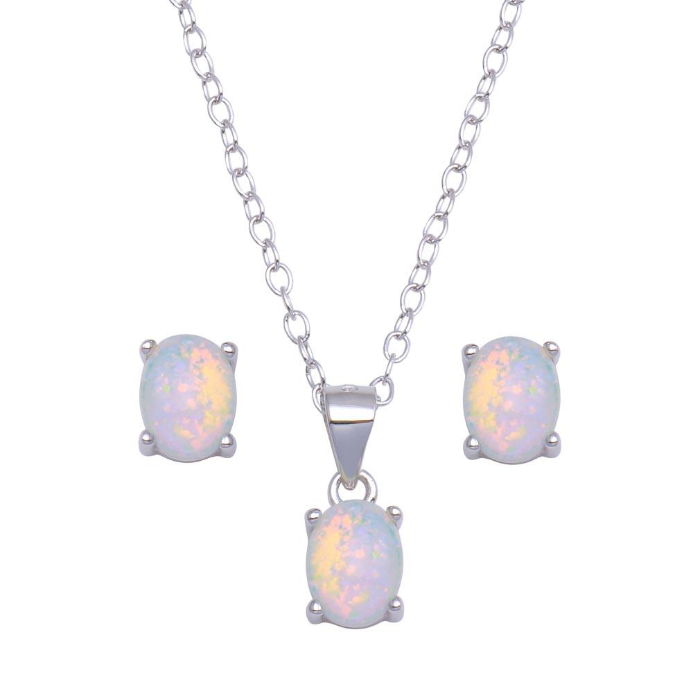 Rhodium Plated 925 Sterling Silver Synthetic Opal Oval Set - STS00527