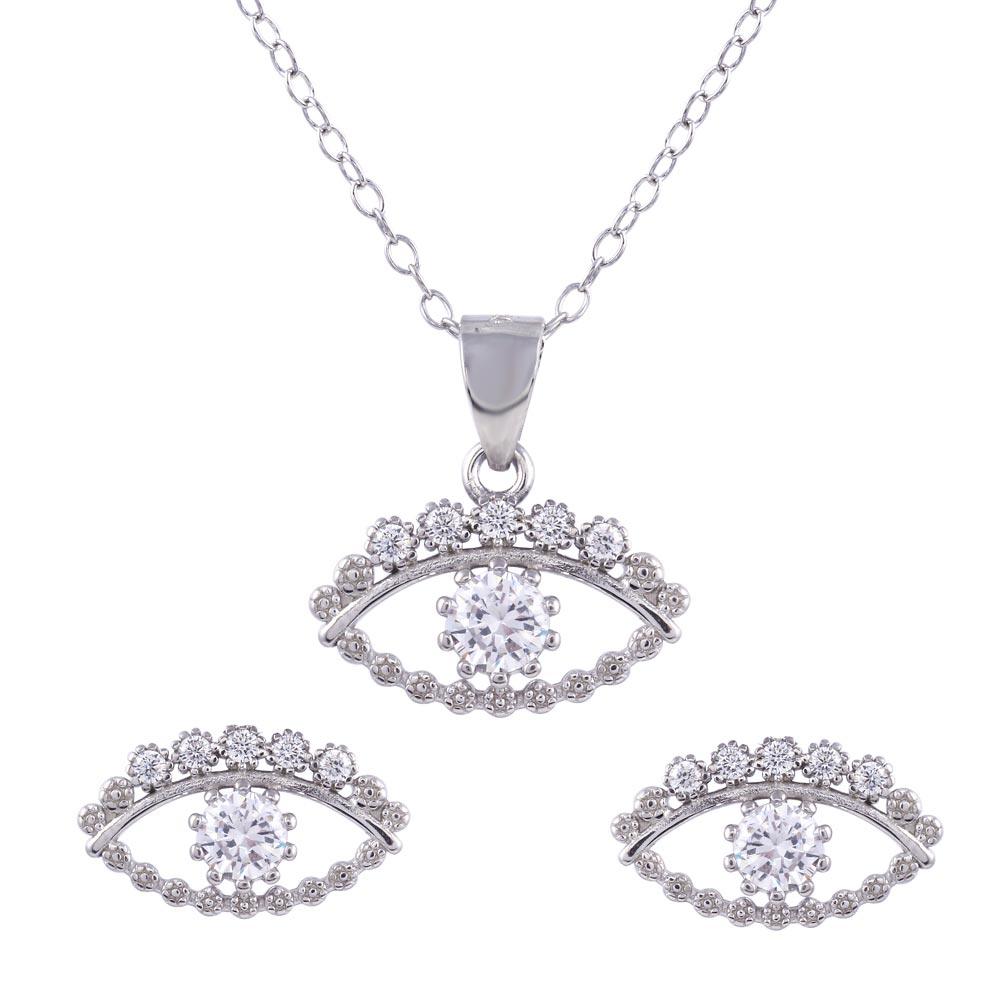 Rhodium Plated 925 Sterling Silver Clear CZ Evil Eye Set - STS00530