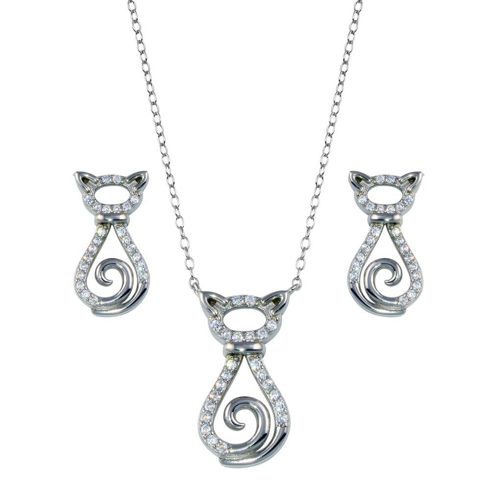 Rhodium Plated 925 Sterling Silver Cat CZ Set - STS00534