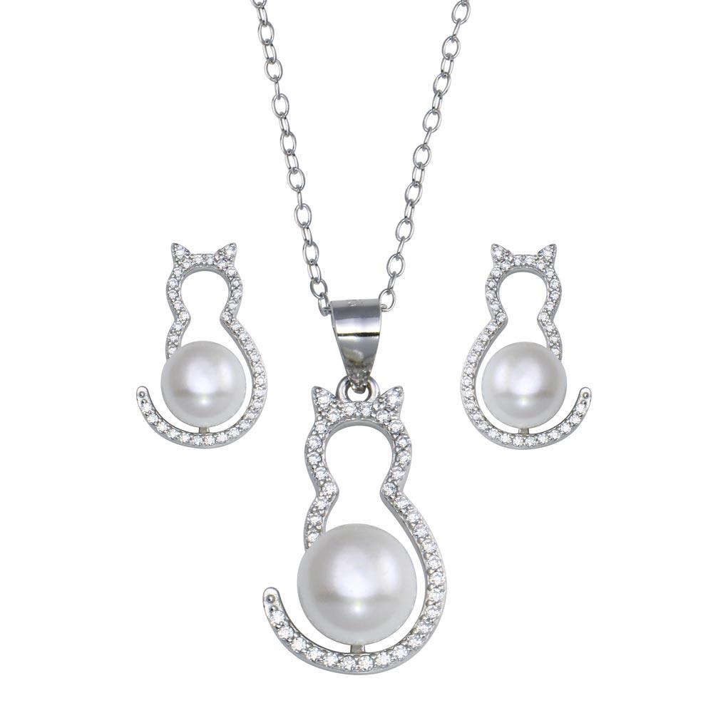 Rhodium Plated 925 Sterling Silver Cat CZ Mother of Pearl Set - STS00536