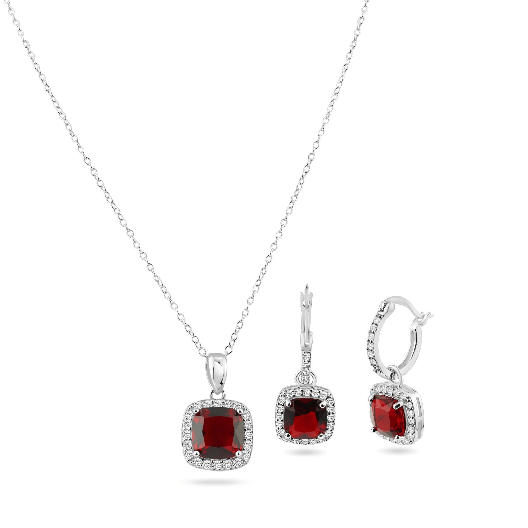 Rhodium Plated 925 Sterling Silver Red and Clear Square CZ Set - STS00549-RED