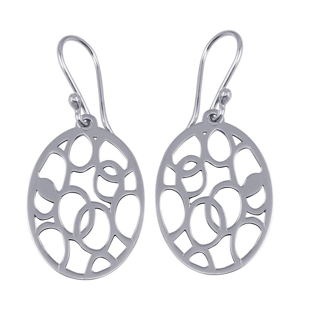 Rhodium Plated 925 Sterling Silver Dangling Flat Oval Earrings with Circle Designs - TRE00009