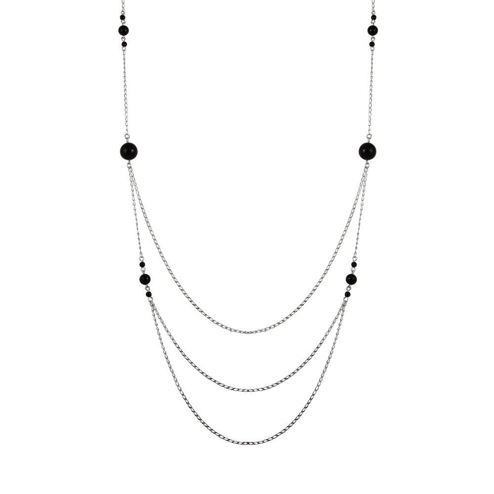 Rhodium Plated 925 Sterling Silver Silver Multi-Layered Chain Necklace with Beads - TRN00001