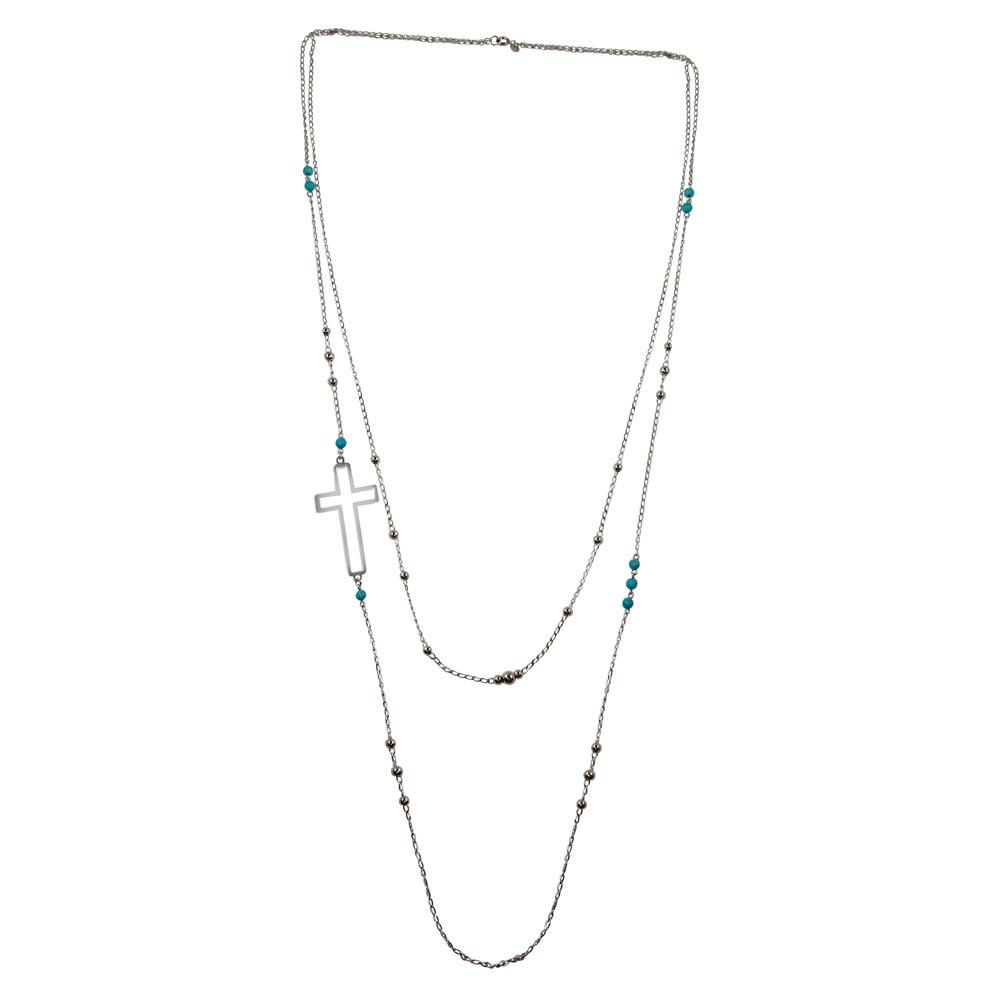 Rhodium Plated 925 Sterling Silver Cross Chain Necklace with Turquoise Beads - TRN00002