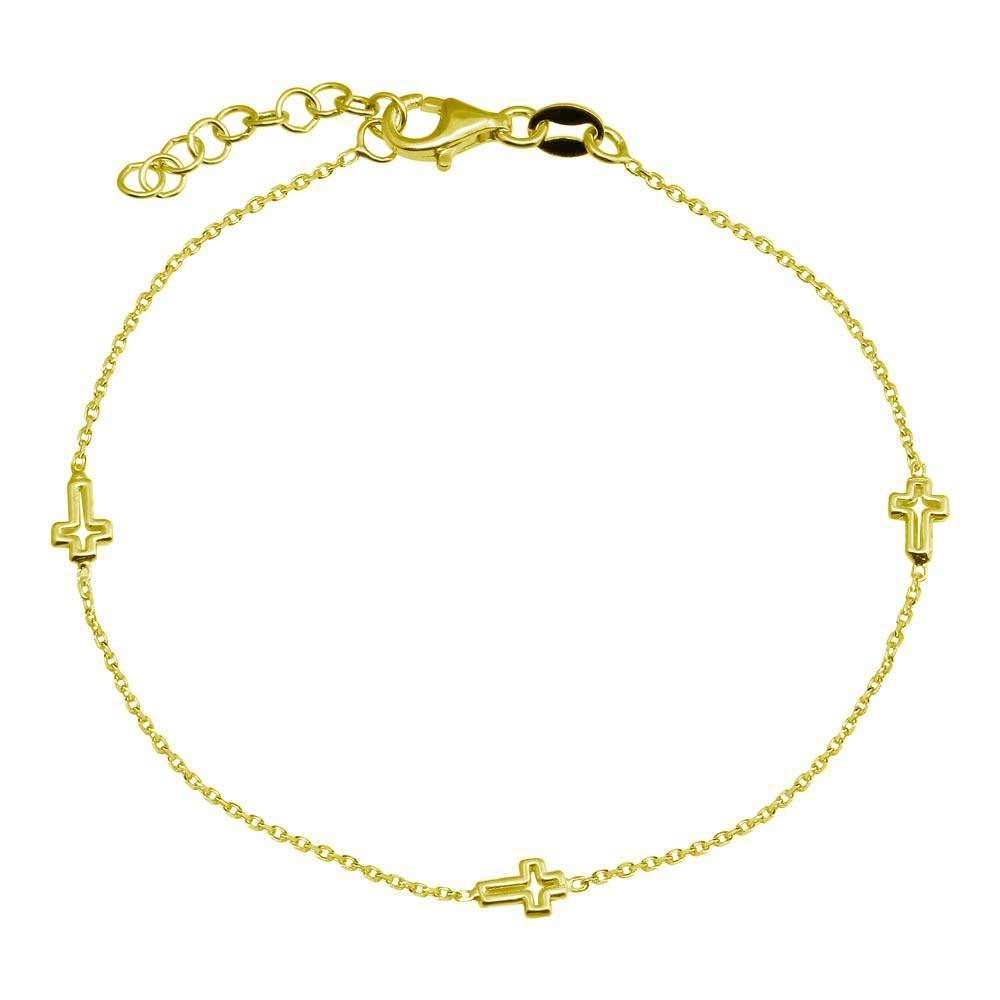 Gold Plated 925 Sterling Silver SIngle Strand Bracelet with 3 Cross - VGB21GP