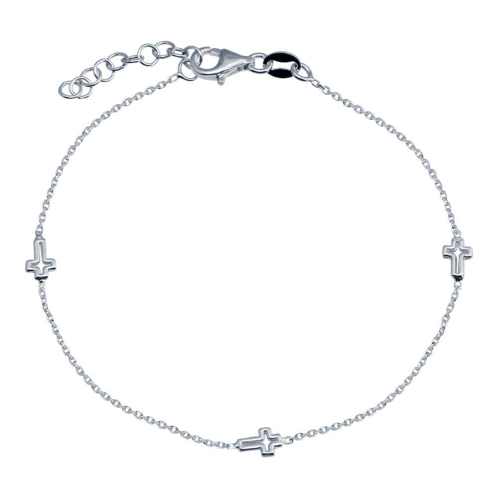 Rhodium Plated 925 Sterling Silver Single Strand Bracelet with 3 Cross - VGB21RH