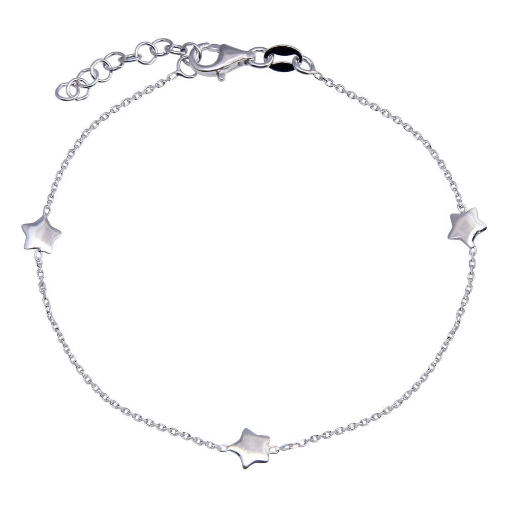 Rhodium Plated 925 Sterling Silver Single Strand Bracelet with 3 Star Element - VGB26RH