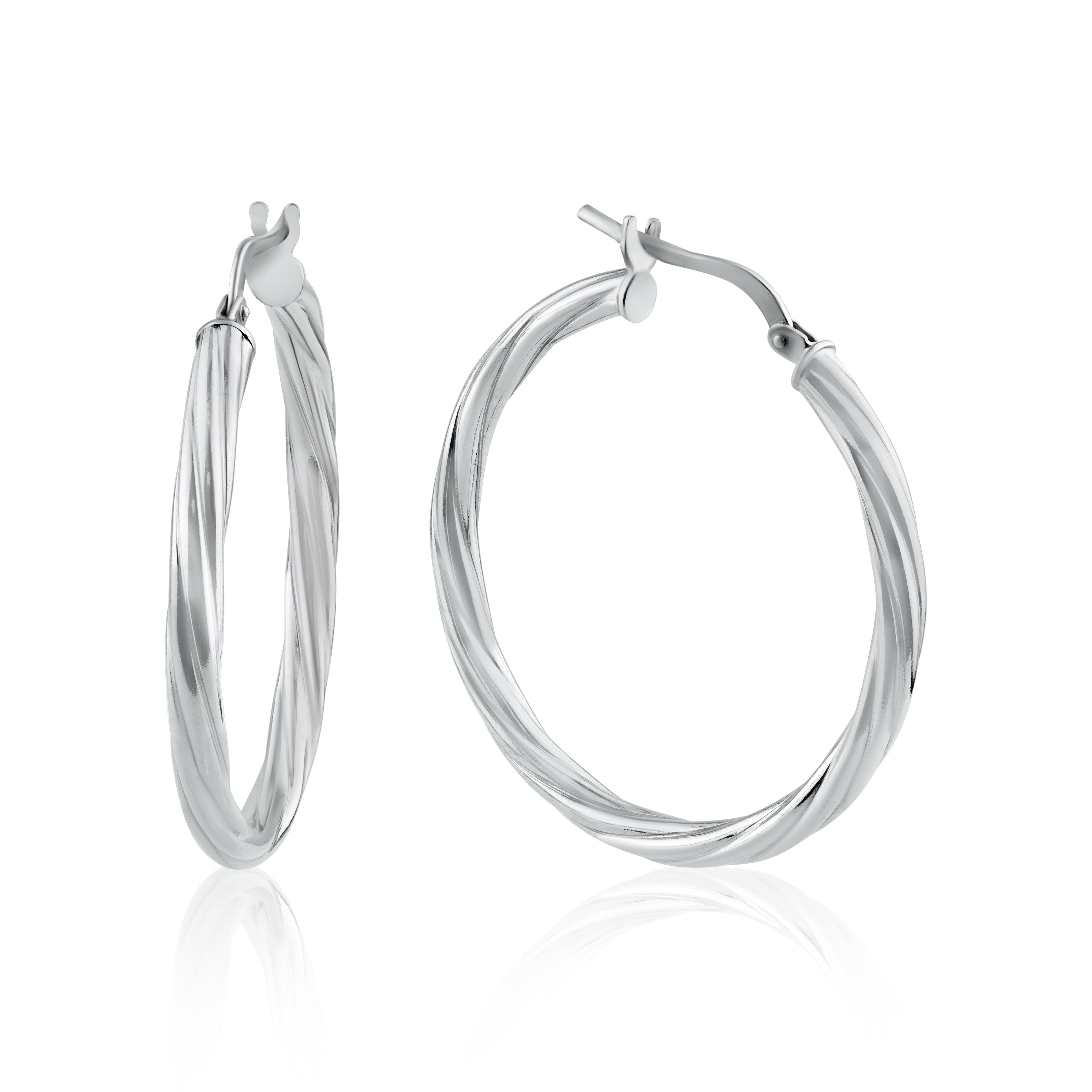 Rhodium Plated 925 Sterling Silver Silver Twisted 3mm Hoop Earring - ARE00028RH