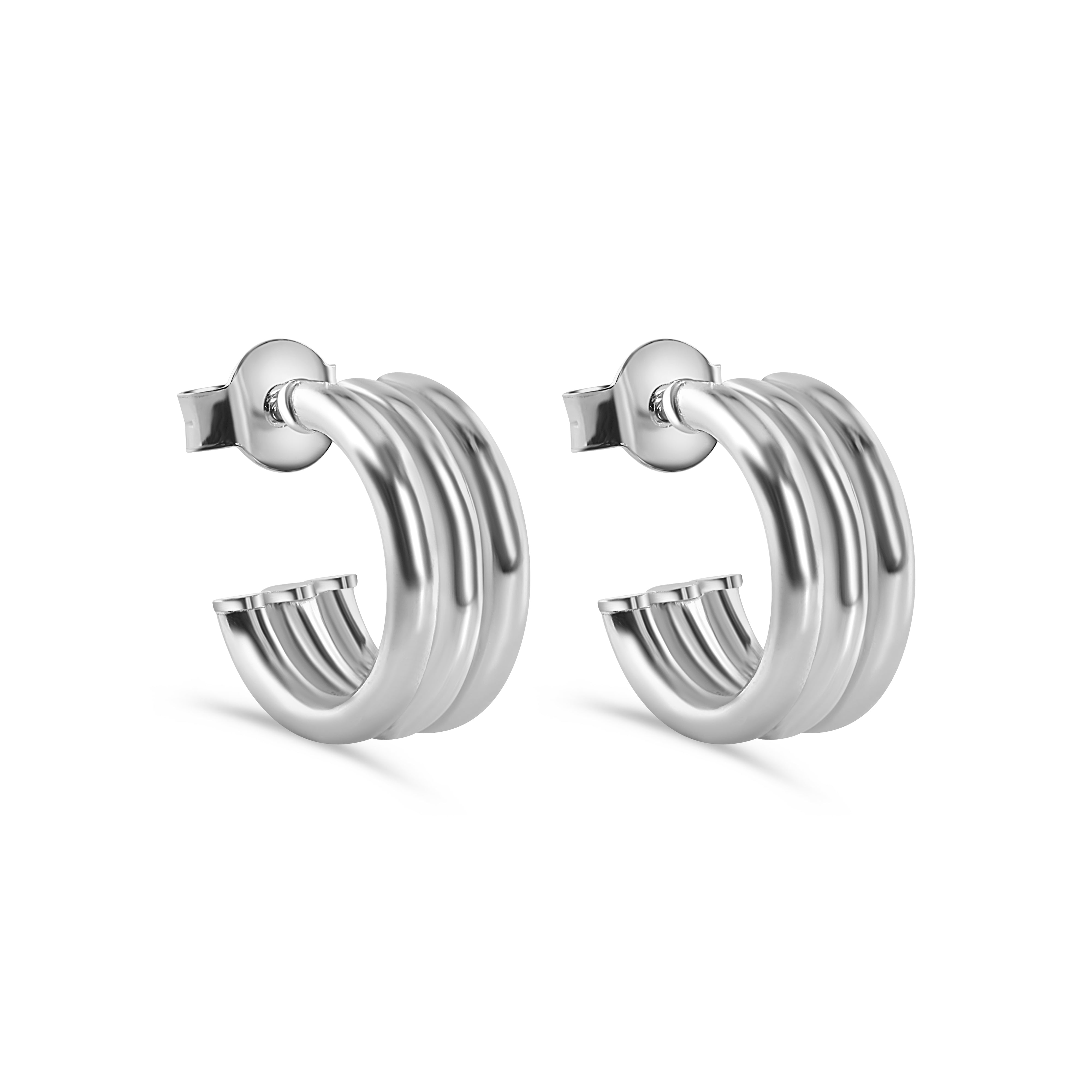 Rhodium Plated 925 Sterling Silver Triple Semi Hoop Stud Earring - ARE00044RH