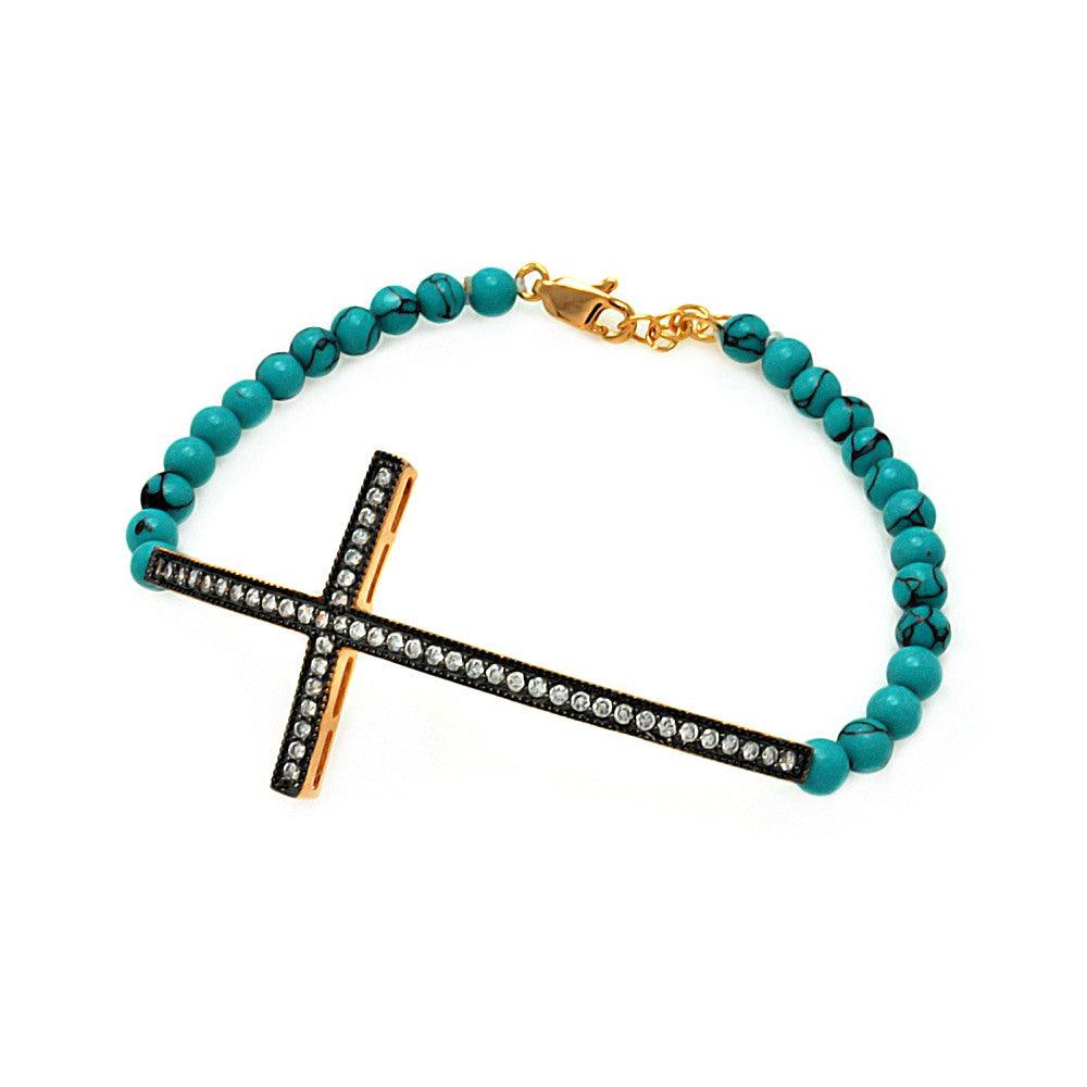 Silver 925 Gold and Black Rhodium Plated Sideways Cross CZ Turquoise Beads Bracelet - BGB00104