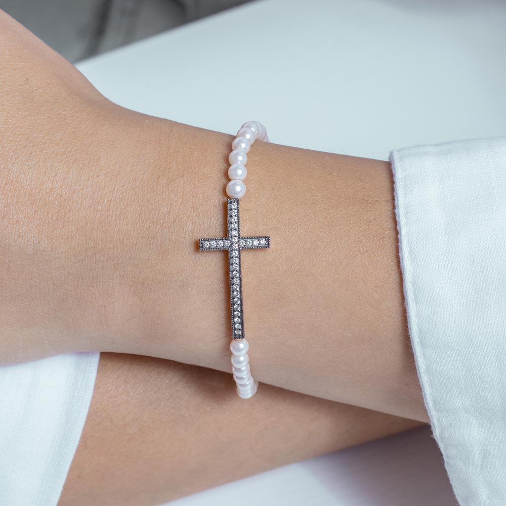 Silver 925 Gold and Silver Rhodium Plated Sideways Cross CZ Pearl Bead Bracelet - BGB00109