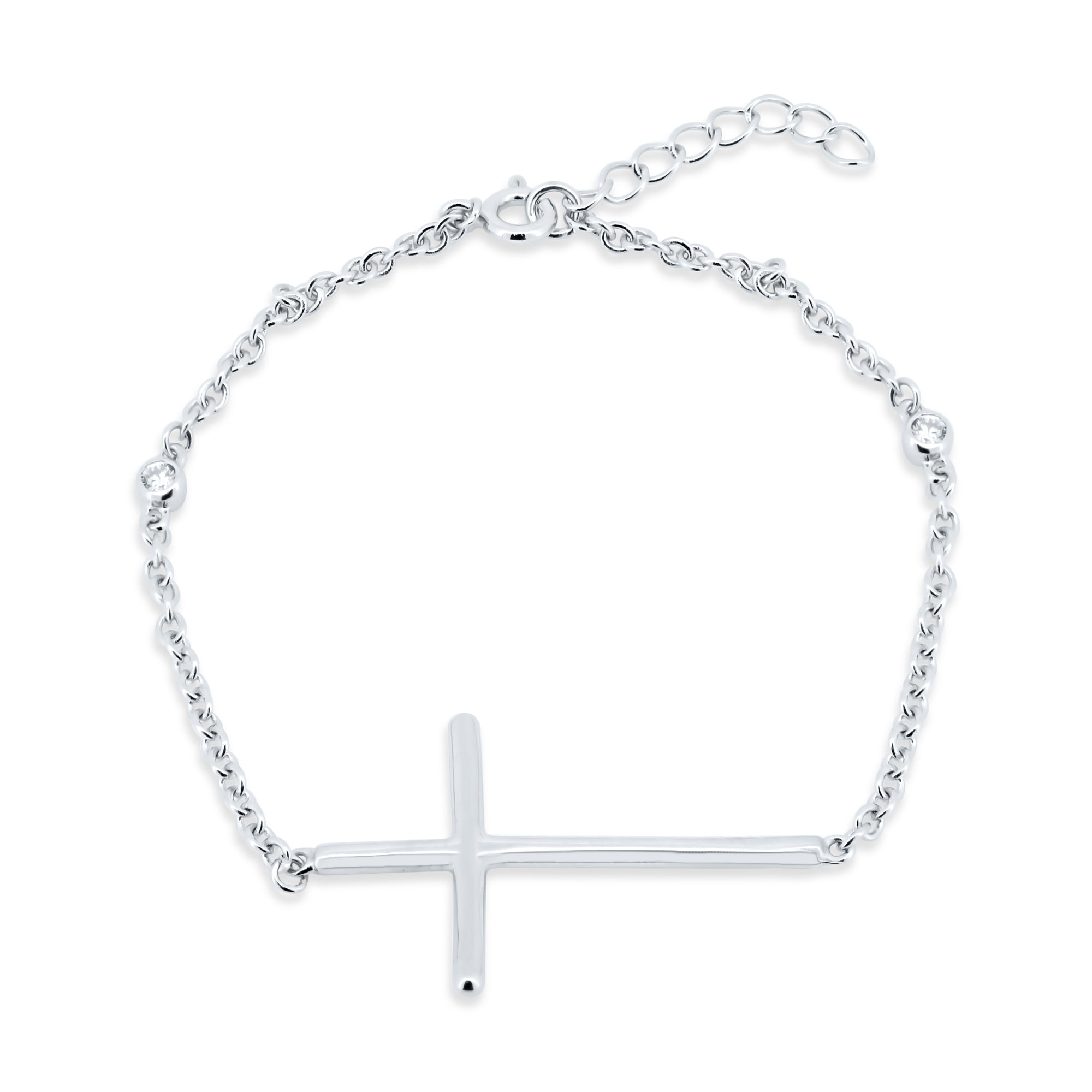 Rhodium Plated 925 Sterling Silver Sideways Cross Bracelet with CZ - BGB00115