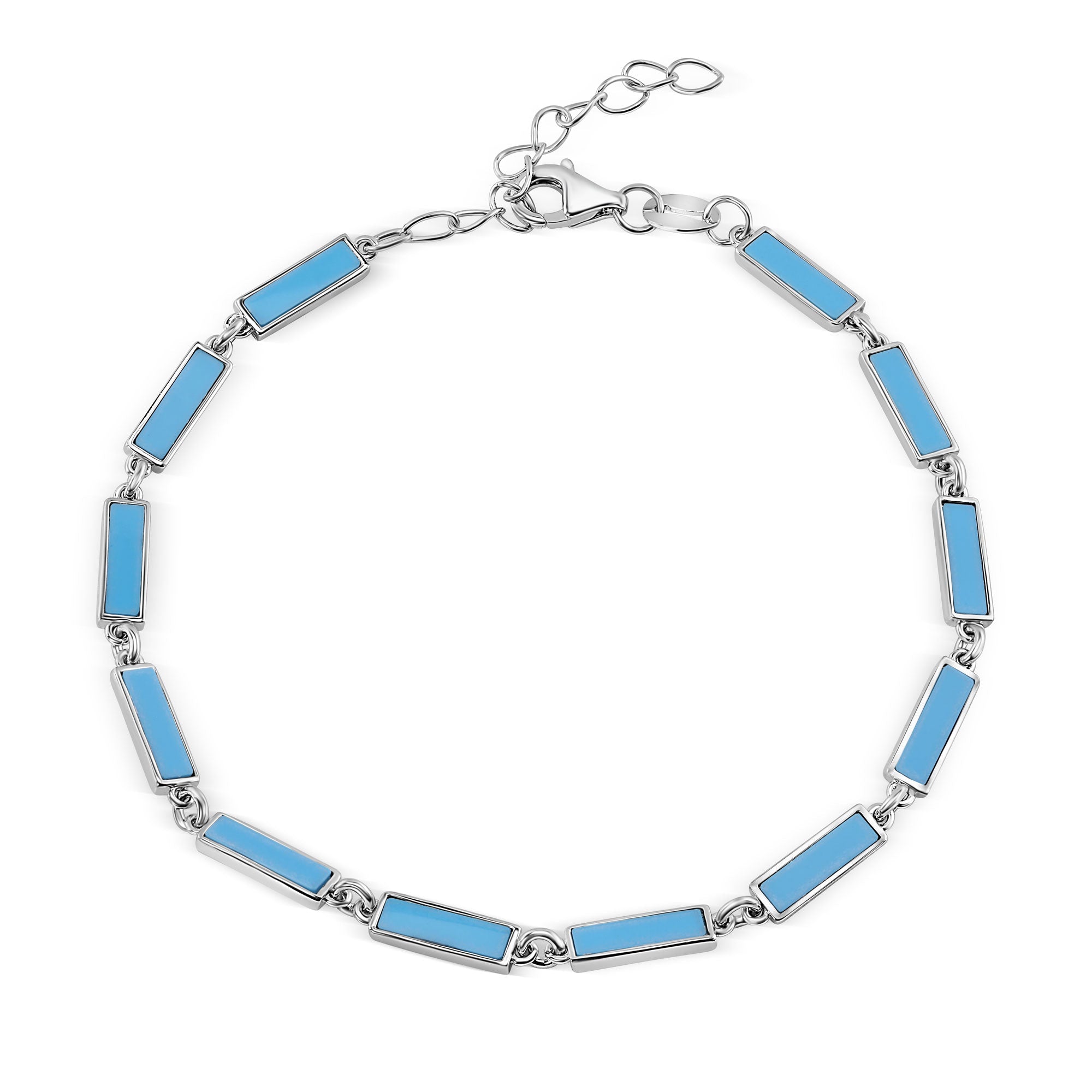 Rhodium Plated 925 Sterling Silver Light Blue Turquoise Stone Bar Link Bracelet - BGB00388