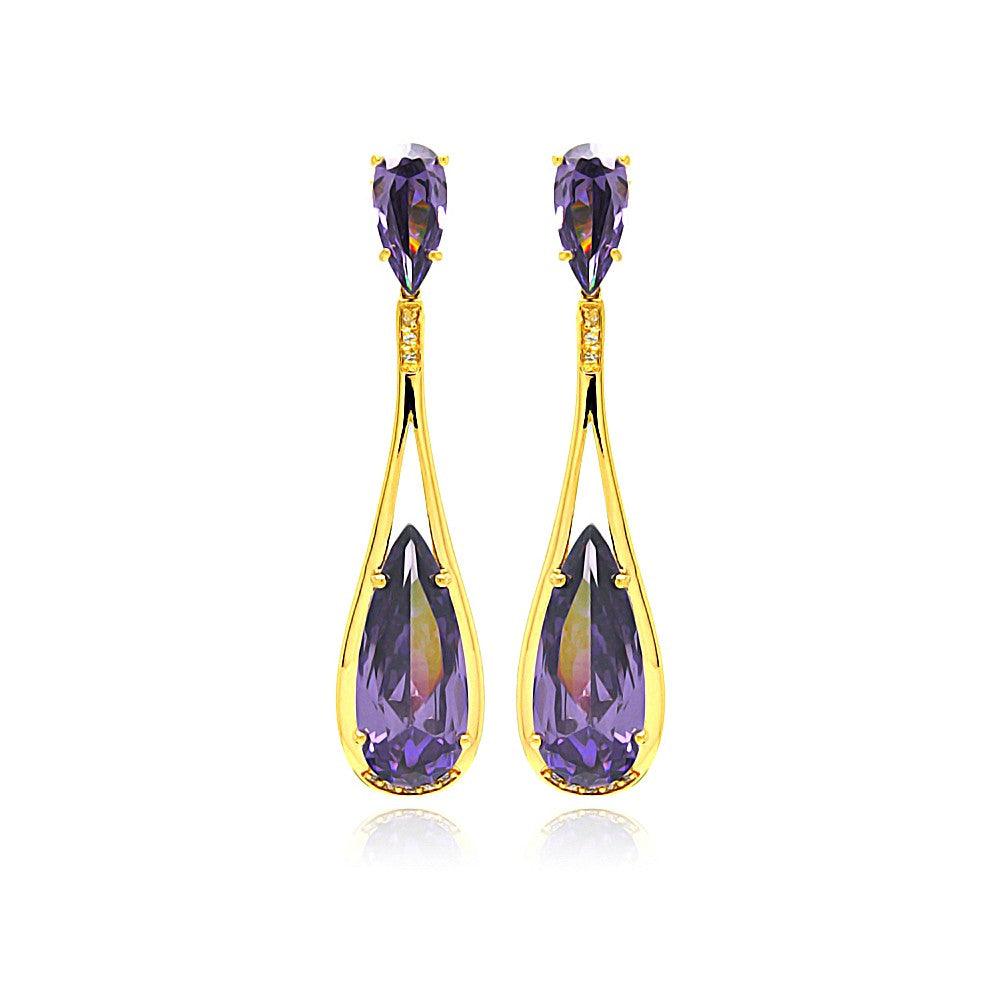 Silver 925 Rose Gold Rhodium Plated Purple Teardrop CZ Dangling Stud Earrings - BGE00282