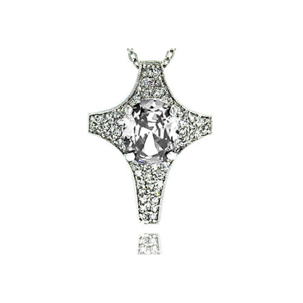 Closeout-Silver 925 Clear CZ Rhodium Plated Cross Pendant Necklace - BGP00009CLR