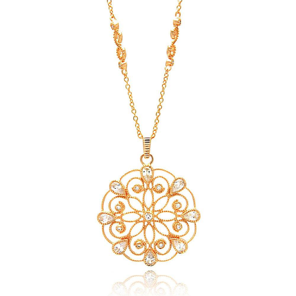 Silver 925 Rose Gold Plated Open Circle Flower Design CZ Necklace - BGP00652