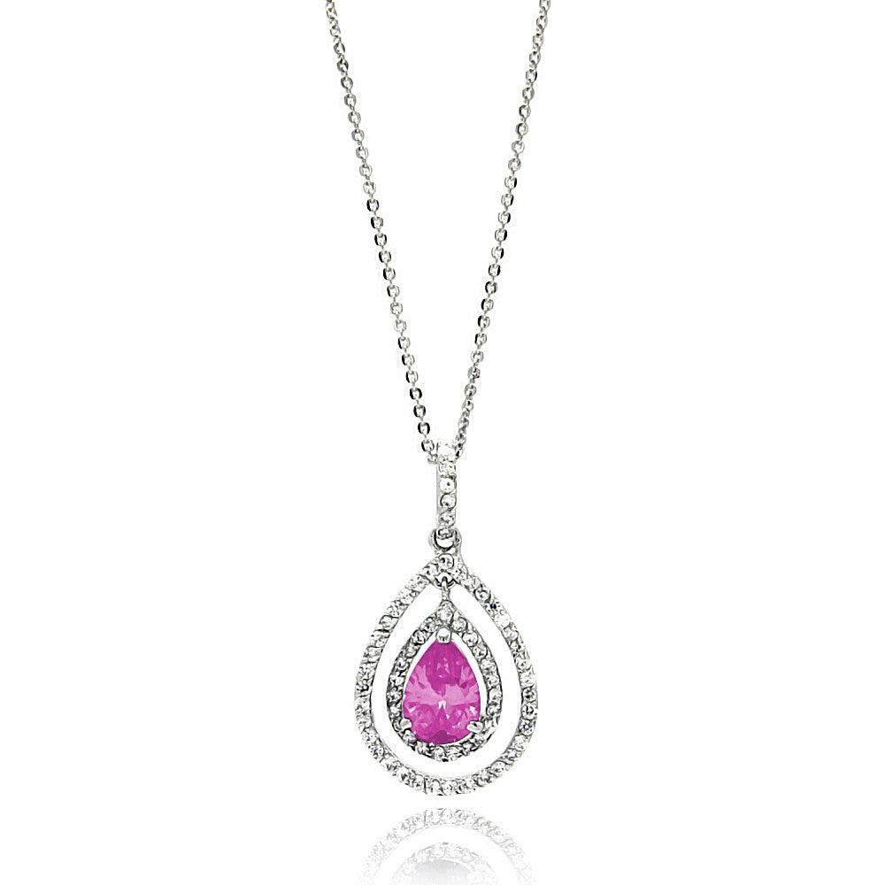 Rhodium Plated 925 Sterling Silver Open Pink Teardrop Center CZ Necklace - BGP00665