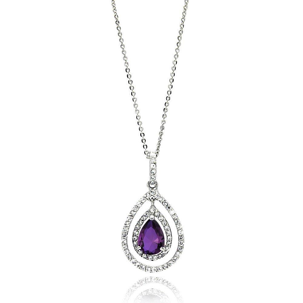 Rhodium Plated 925 Sterling Silver Open Purple Teardrop Center CZ Necklace - BGP00667