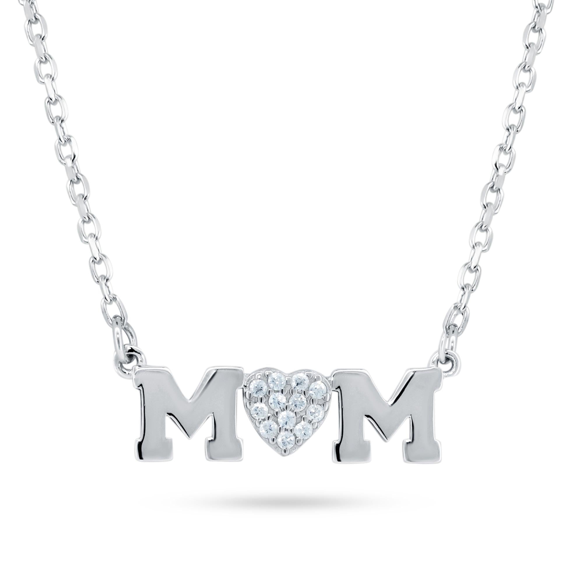 Rhodium Plated 925 Sterling Silver Mom Heart CZ Necklace - BGP01479