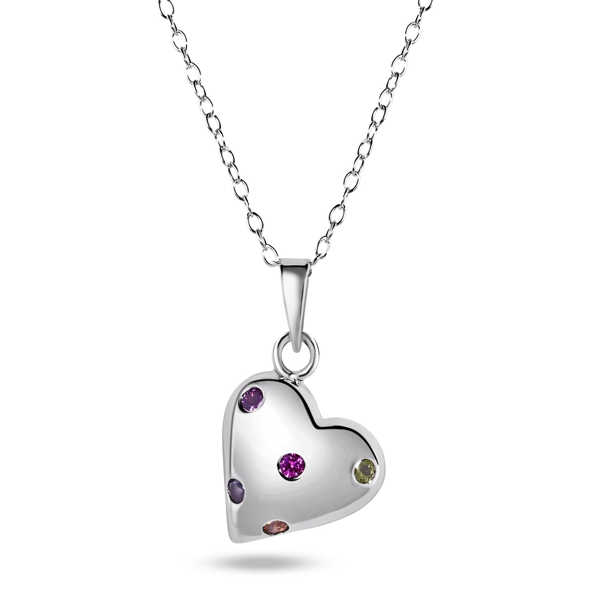 Rhodium Plated 925 Sterling Silver Multi Color CZ Heart Necklace - BGP01482