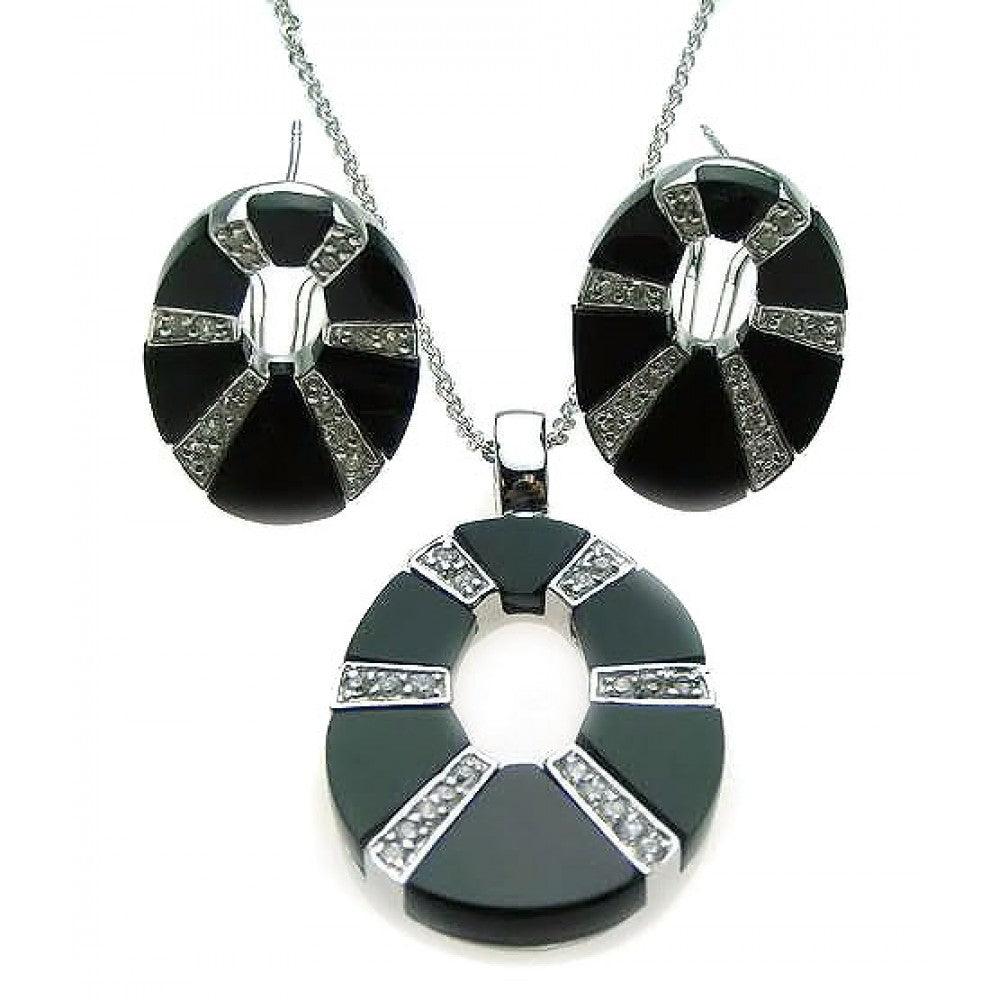 Closeout-Silver 925 Rhodium Plated Black Onyx Open Oval Round Clear CZ Stud Earring and Dangling Necklace Set - BGS00075