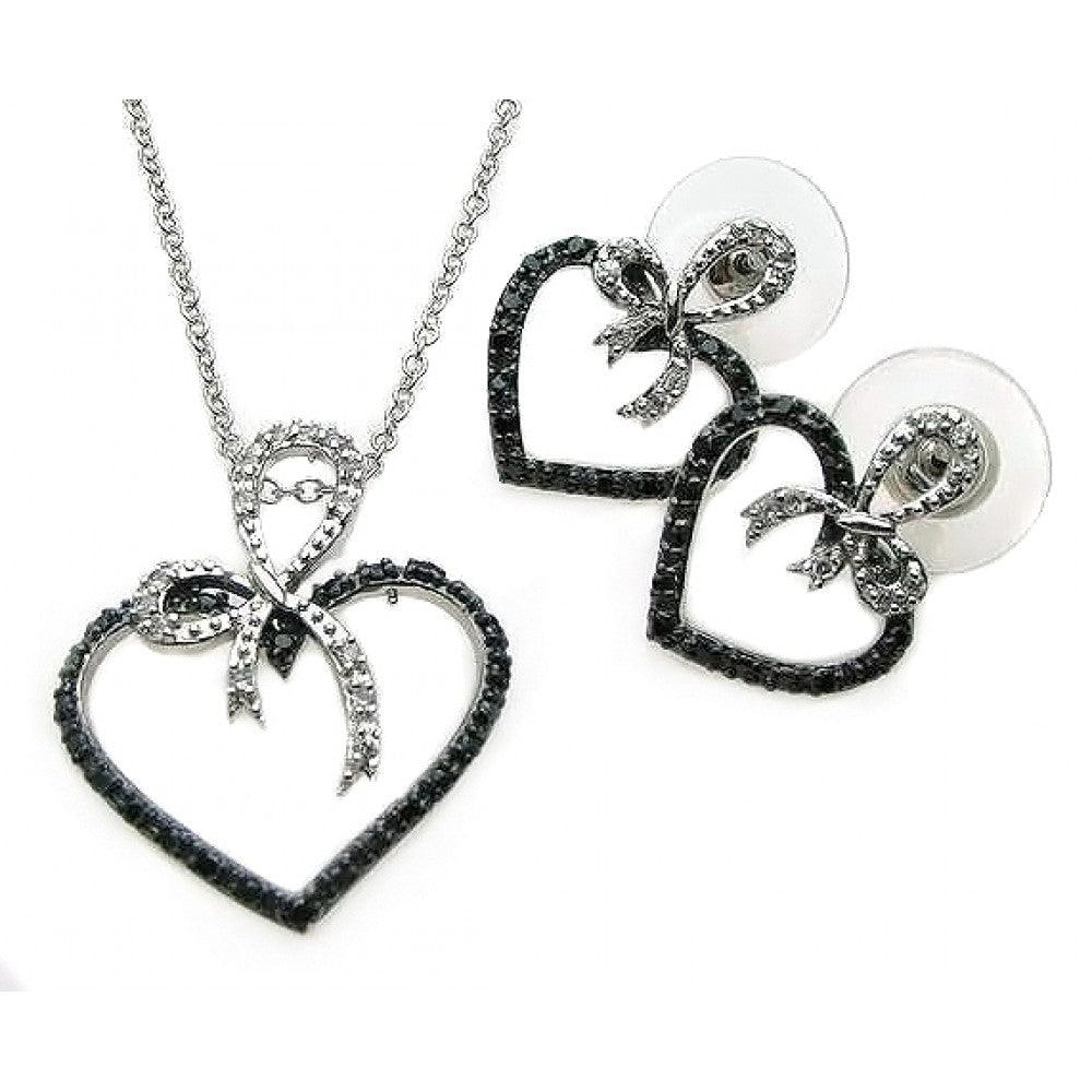 Closeout-Silver 925 Rhodium and Black Rhodium Plated Black and Clear Open Heart Ribbon CZ Stud Earring and Necklace Set - BGS00077