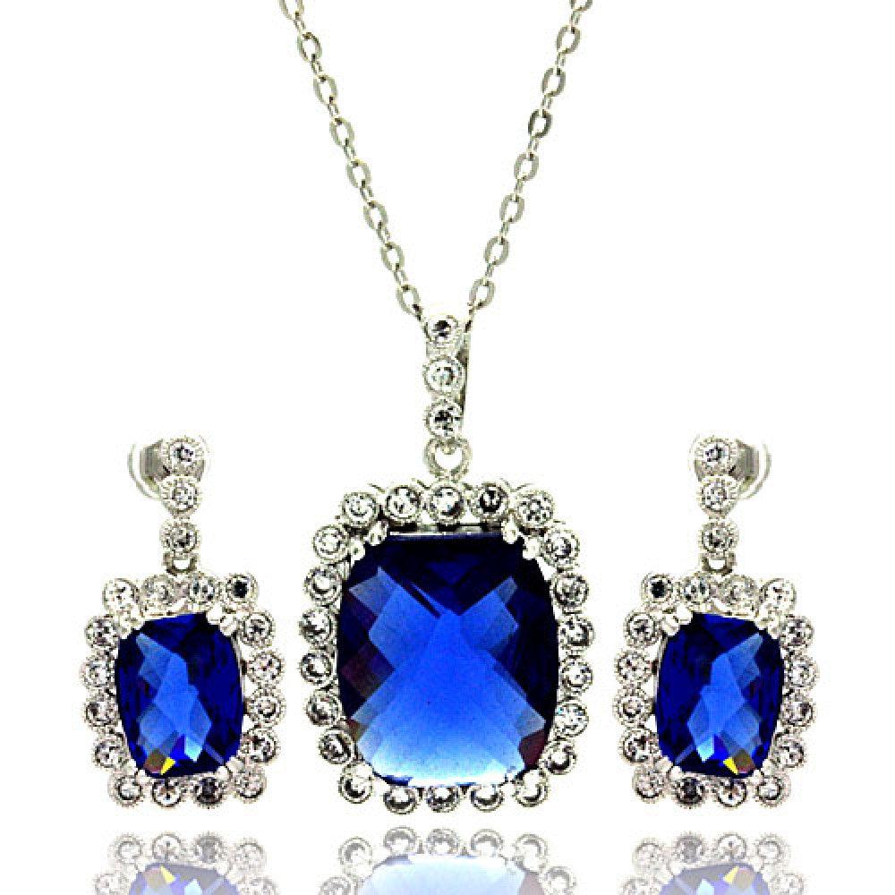 Silver Rhodium Plated Blue and Clear Rectangular CZ Dangling Stud Earring and Necklace Set - BGS00165