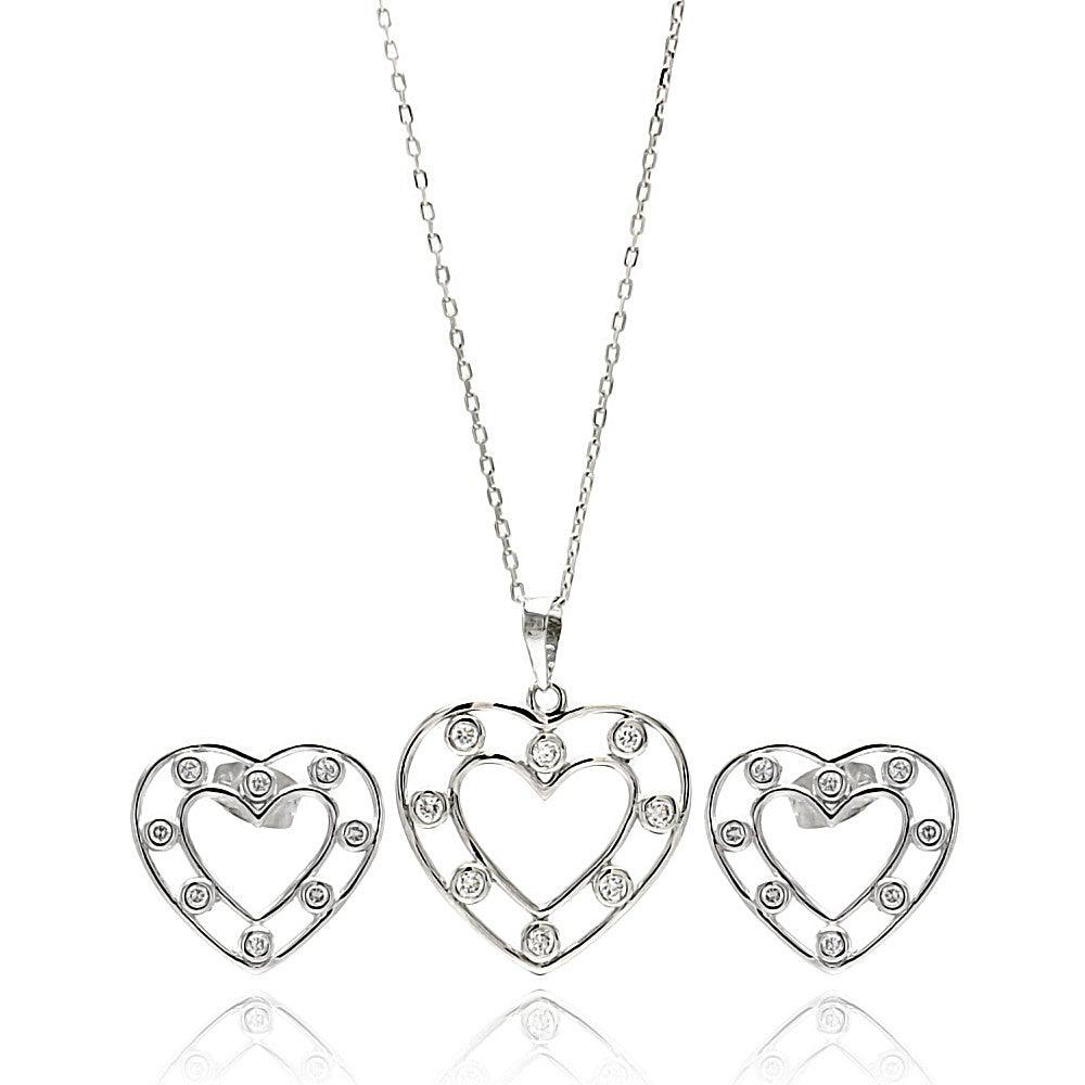 Silver 925 Rhodium Plated Clear Open Outline Heart CZ Stud Earring and Dangling Necklace Set - BGS00262