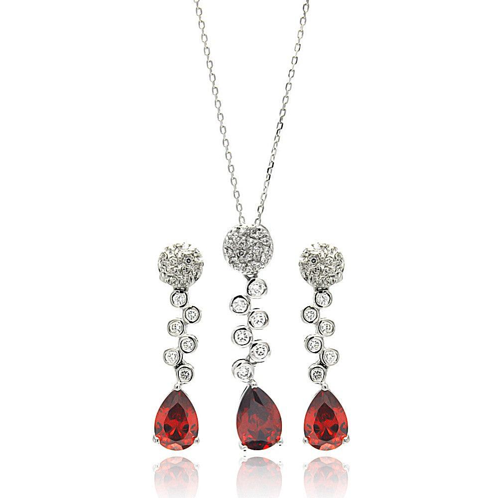 Silver 925 Rhodium Plated Red Teardrop Clear Round CZ Hanging Stud Earring and Hanging Necklace Set - BGS00295