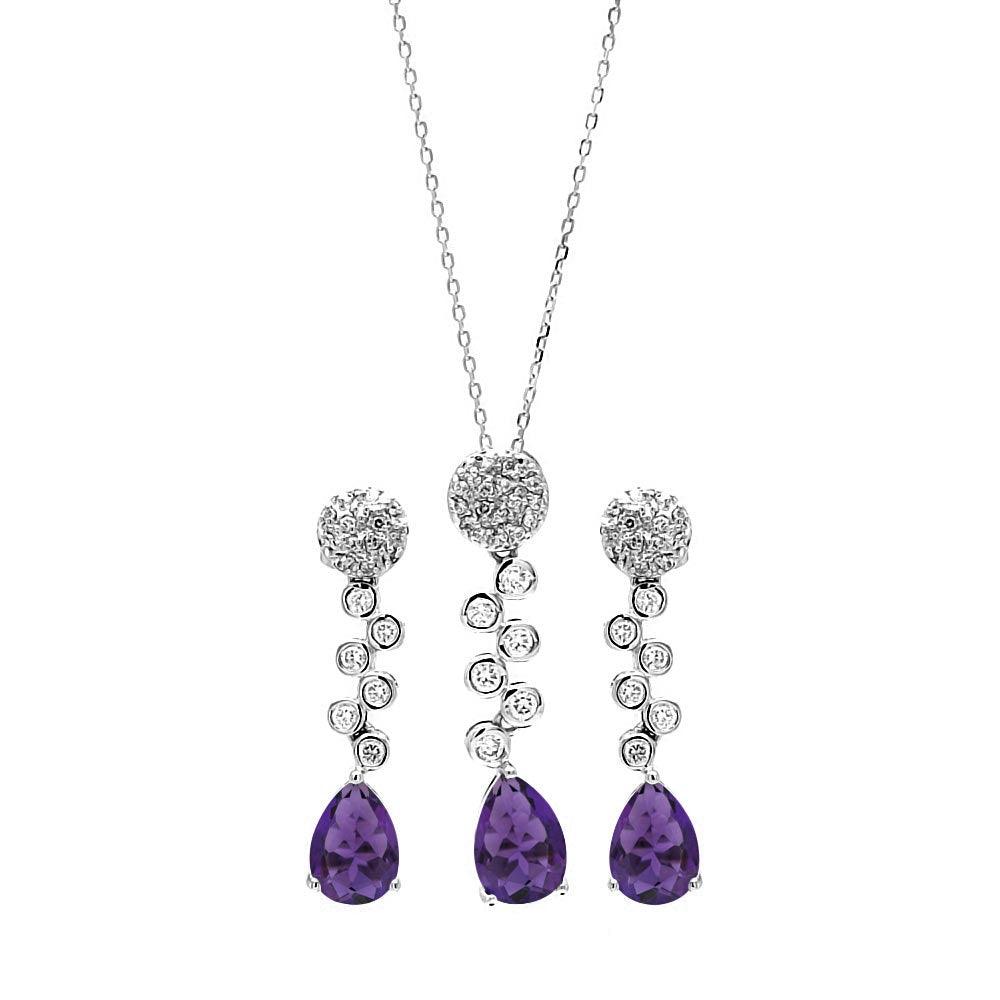 Silver 925 Rhodium Plated Purple Teardrop and Clear Round CZ Hanging Stud Earring and Hanging Necklace Set - BGS00296