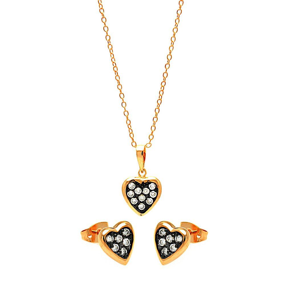 Closeout-Silver 925 Black Rhodium and Gold Plated Clear Mini Heart CZ Stud Earring and Necklace Set - BGS00312