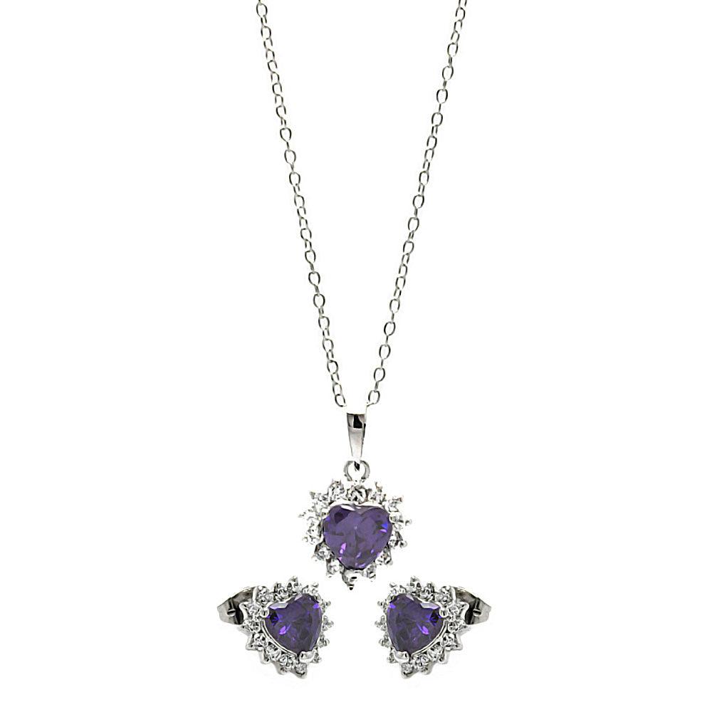 Rhodium Plated 925 Sterling Silver Purple Heart Cluster Set - BGS00324