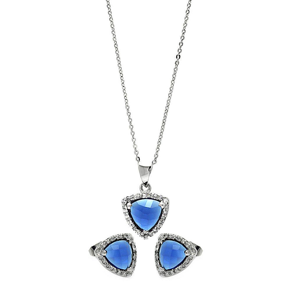 Rhodium Plated 925 Sterling Silver Cushion Triangle Blue CZ Set - BGS00327