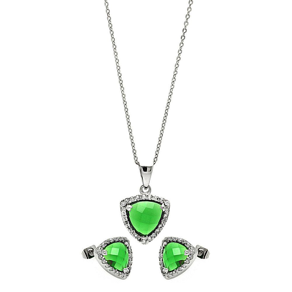 Rhodium Plated 925 Sterling Silver Cushion Triangle Green CZ Set - BGS00329