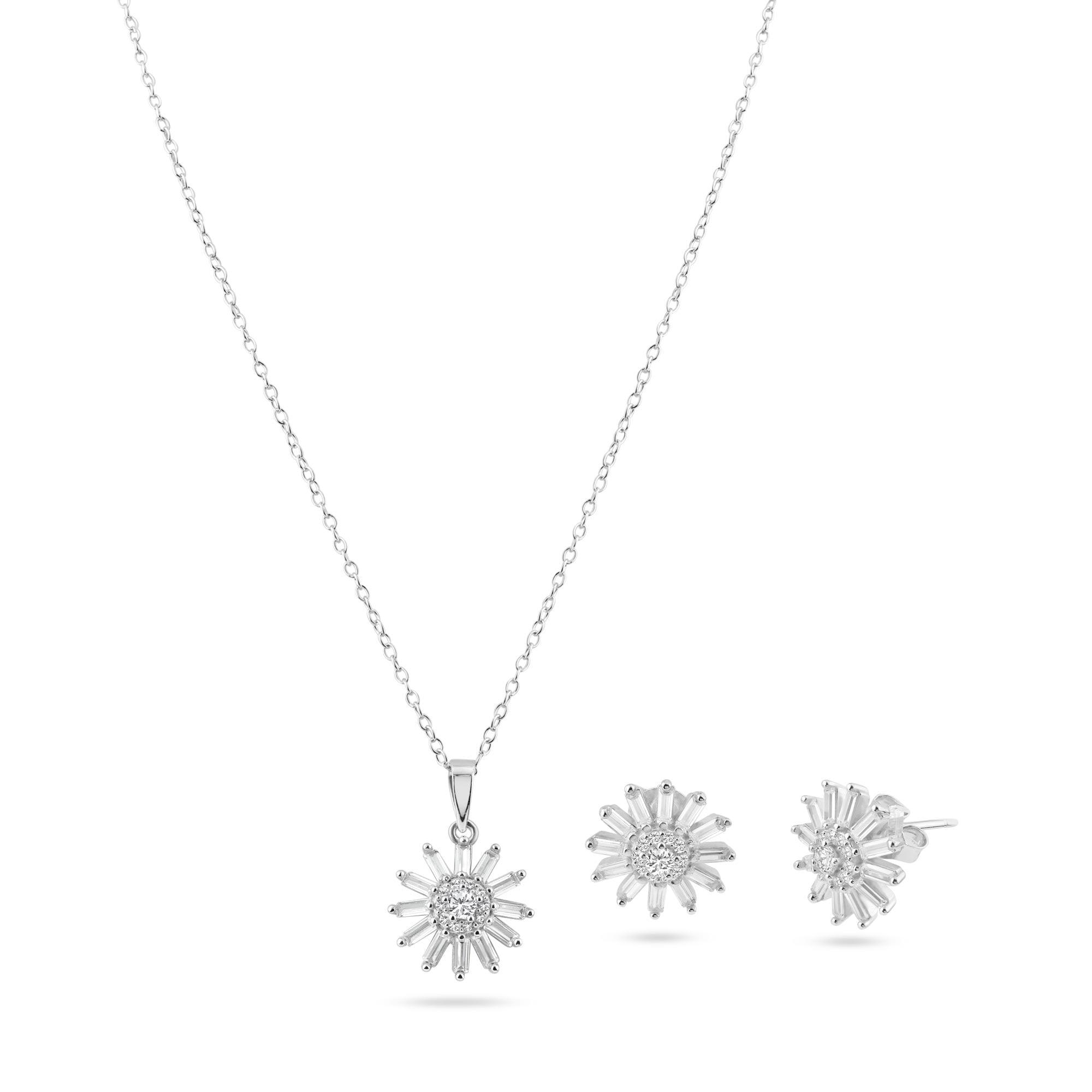 Rhodium Plated 925 Sterling Silver Clear Sunflower CZ Sets - BGS00622CLR