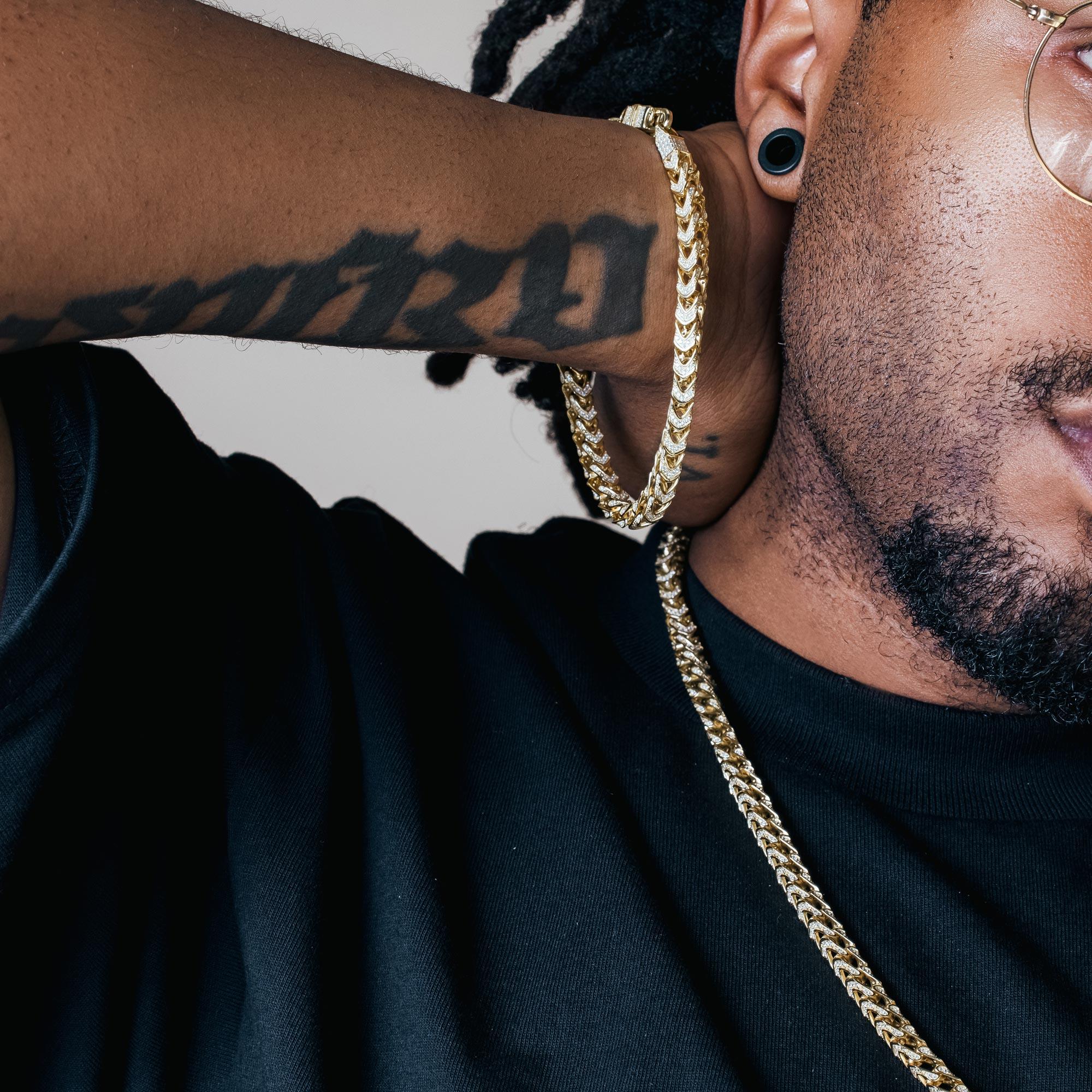 Gold Plated 925 Sterling Silver CZ Encrusted Franco Chain or Bracelet 5mm - CHCZ102 GP