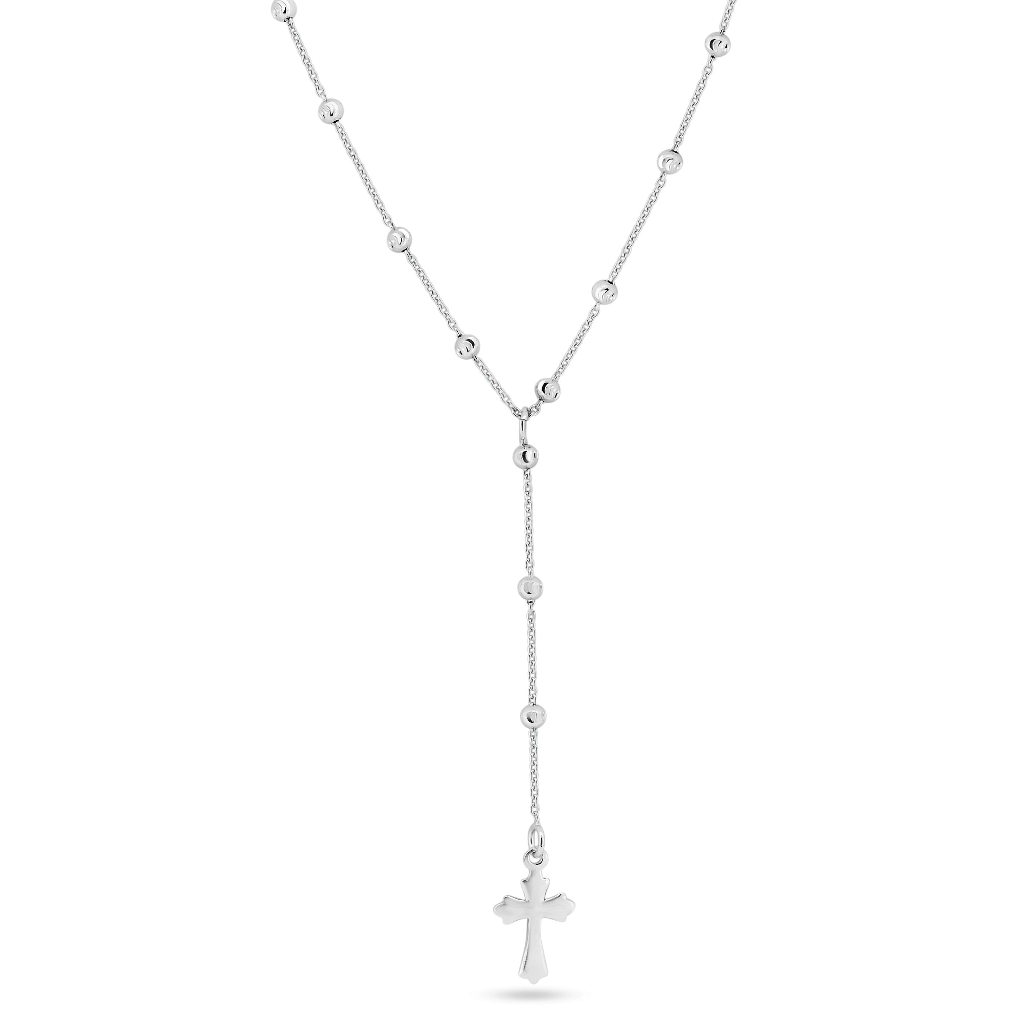 Rhodium Plated 925 Sterling Silver Beaded Rosary  Necklace - GCP00004-RH
