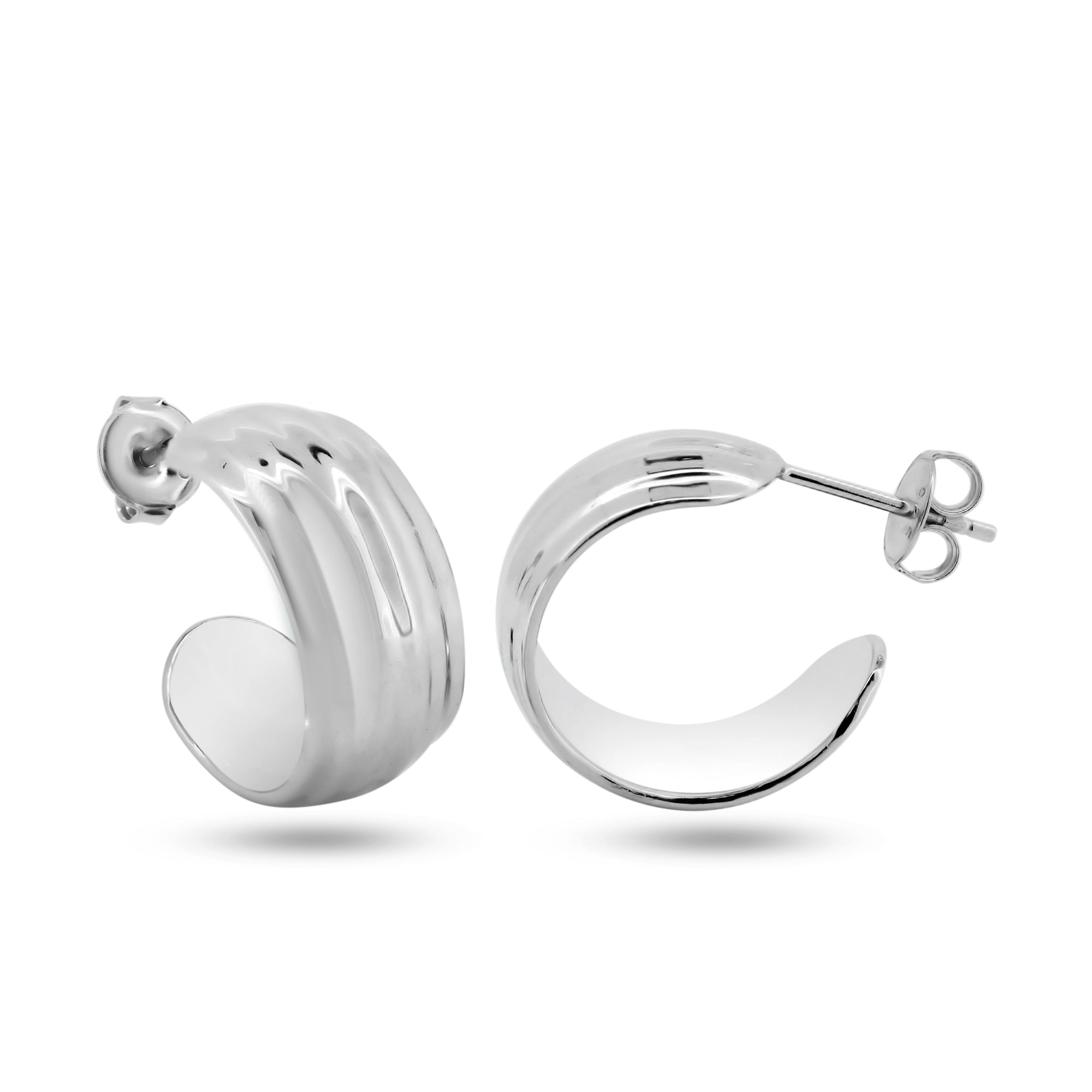 Rhodium Plated 925 Sterling Silver Dome Semi Hoop Earrings - GME00142