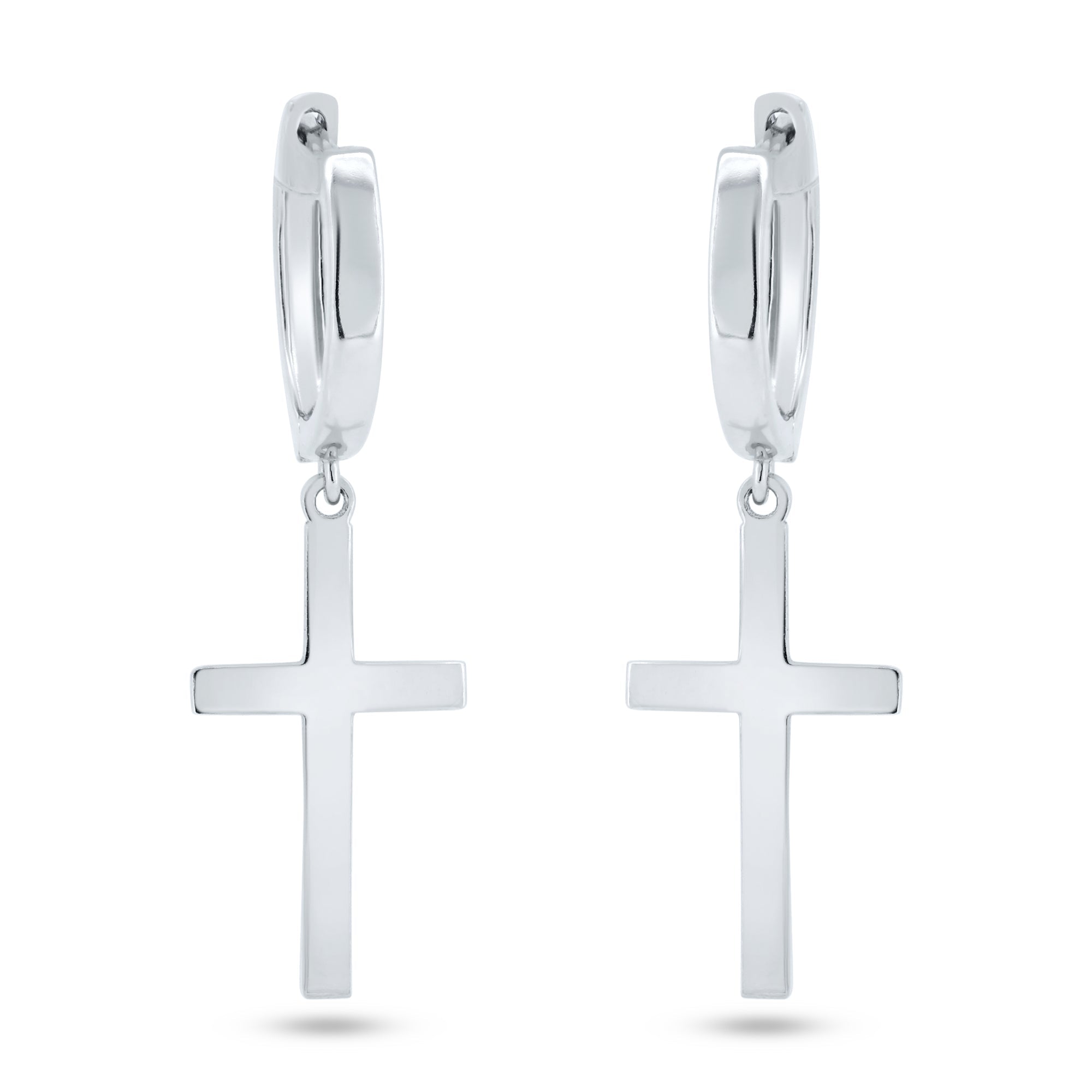 Rhodium Plated 925 Sterling Silver Dangling Cross 13.4mm Hoop Huggie Earrings - GME00146