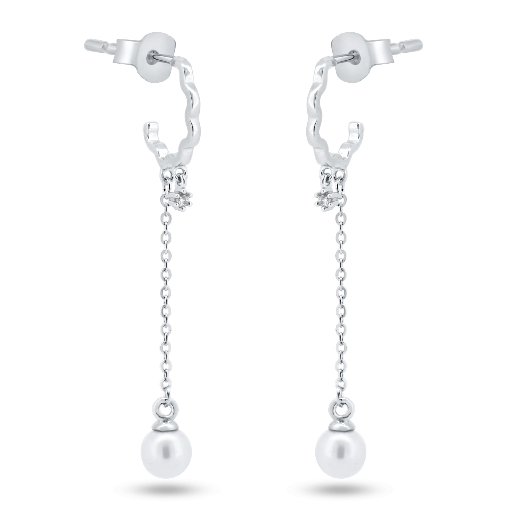 Sterling Silver Rhodium Plated Dangling Pearl Semi Hoop CZ Earrings - GME00149