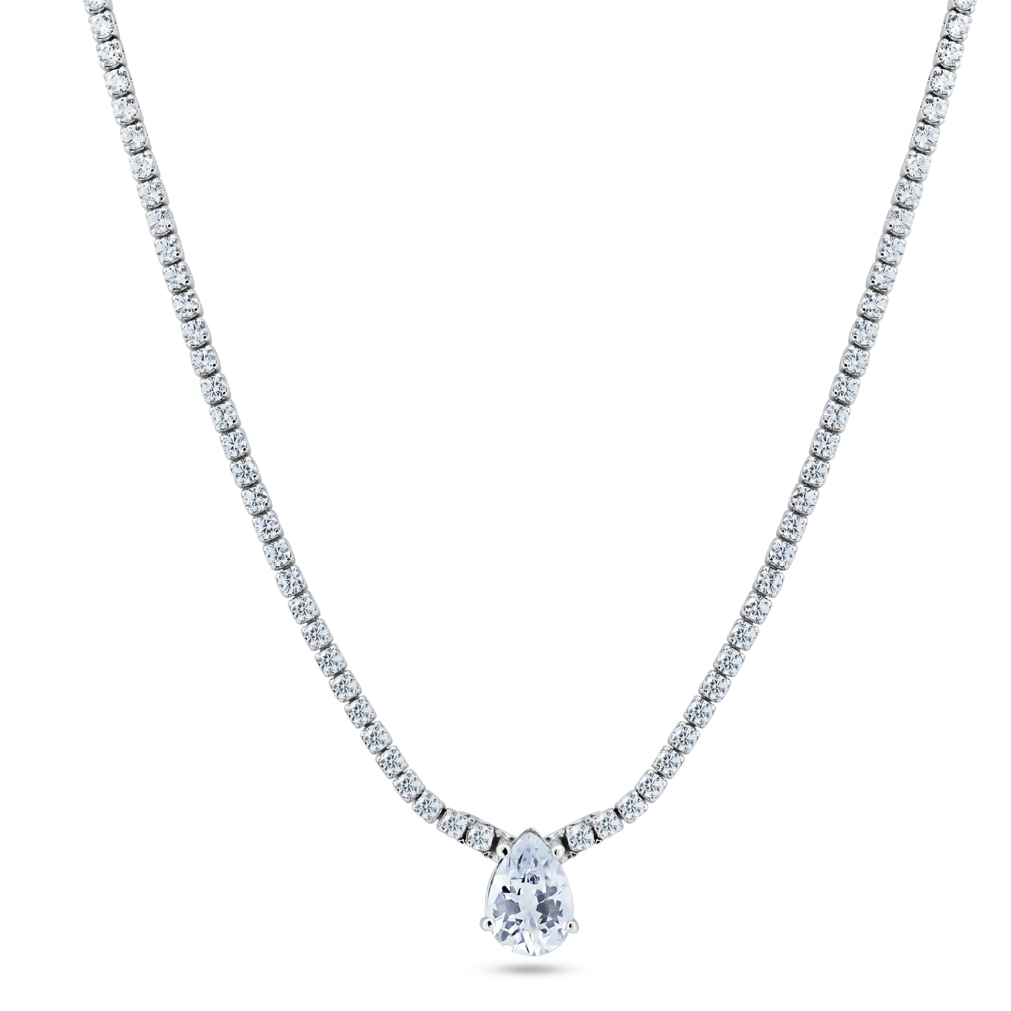 Rhodium Plated 925 Sterling Silver Teardrop Centered Tennis CZ Necklace - GMN00193