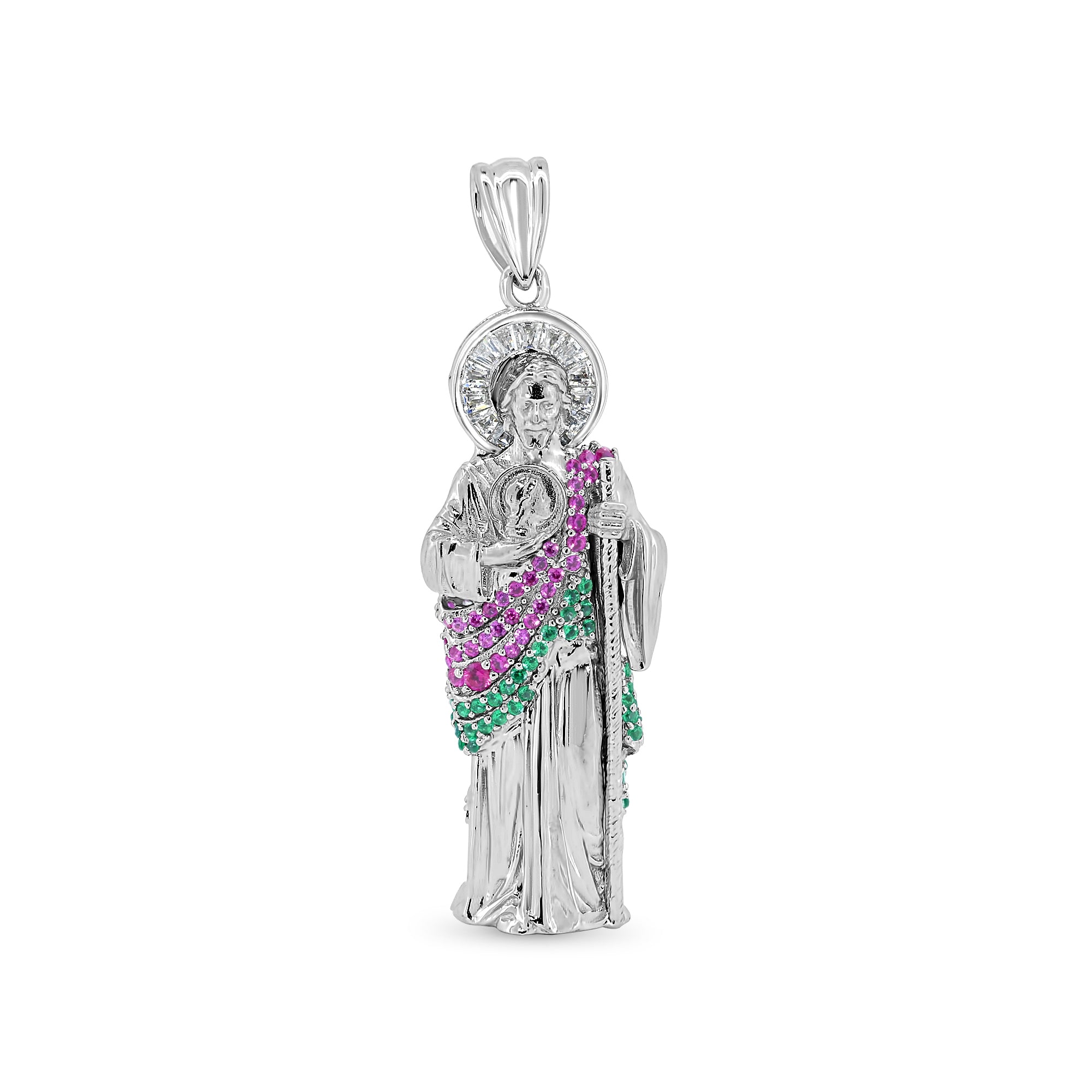 Rhodium Plated 925 Sterling Silver Multicolor CZ 3D 42mm St Jude Pendant - GMP00125