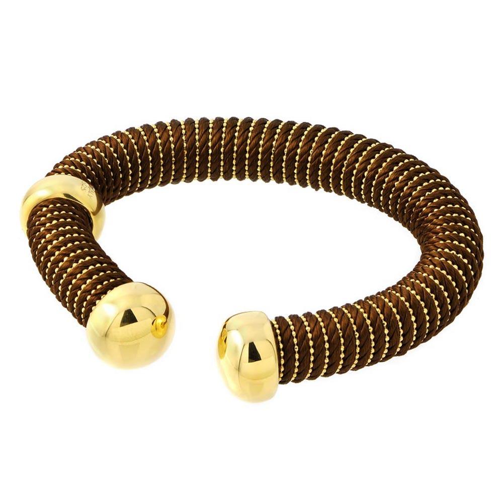 Silver 925 Gold Plated Open Brown Silk Cord Italian Bracelet - ITB00139GP-BROWN